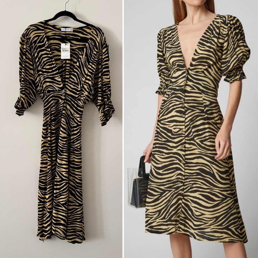 🆕 FAITHFUL THE BRAND ✨  Rafa Printed Crepe Midi Dress Amaia Zebra 🦓 | Sz 8 M L